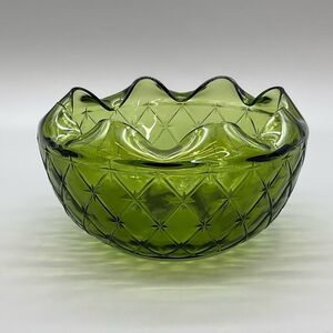 Vintage Indiana Duette Quilted Green Glass Bowl Compote 8" Crimp Scalloped Edge
